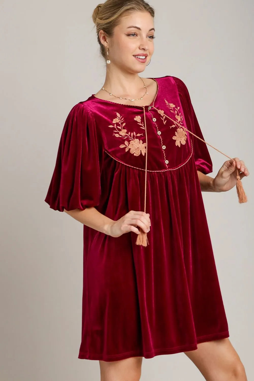 Umgee Burgundy Embroidered Velvet Mini Dress with Tassels