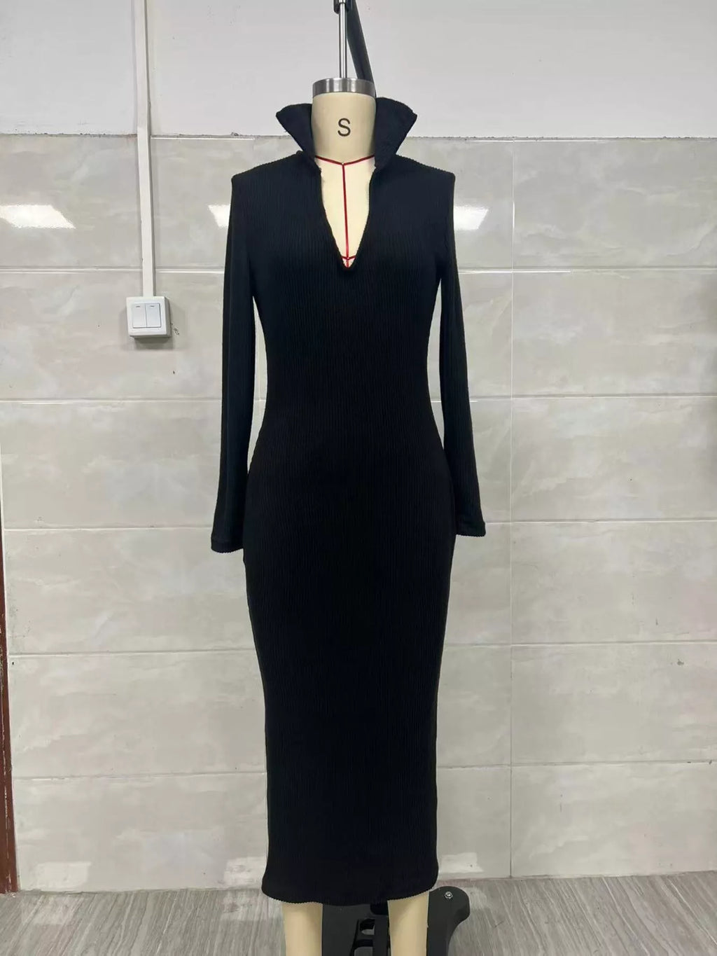 Ribbed V-Neck Long-Sleeve Sweater Midi Dress