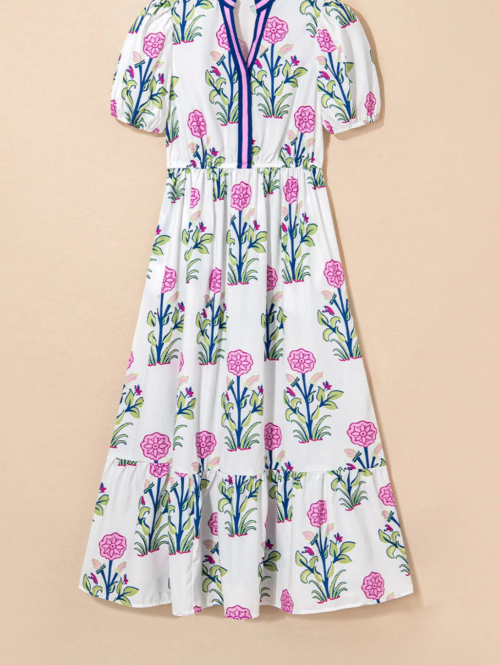 White Floral Short-Sleeve Tiered Midi Dress with Pockets