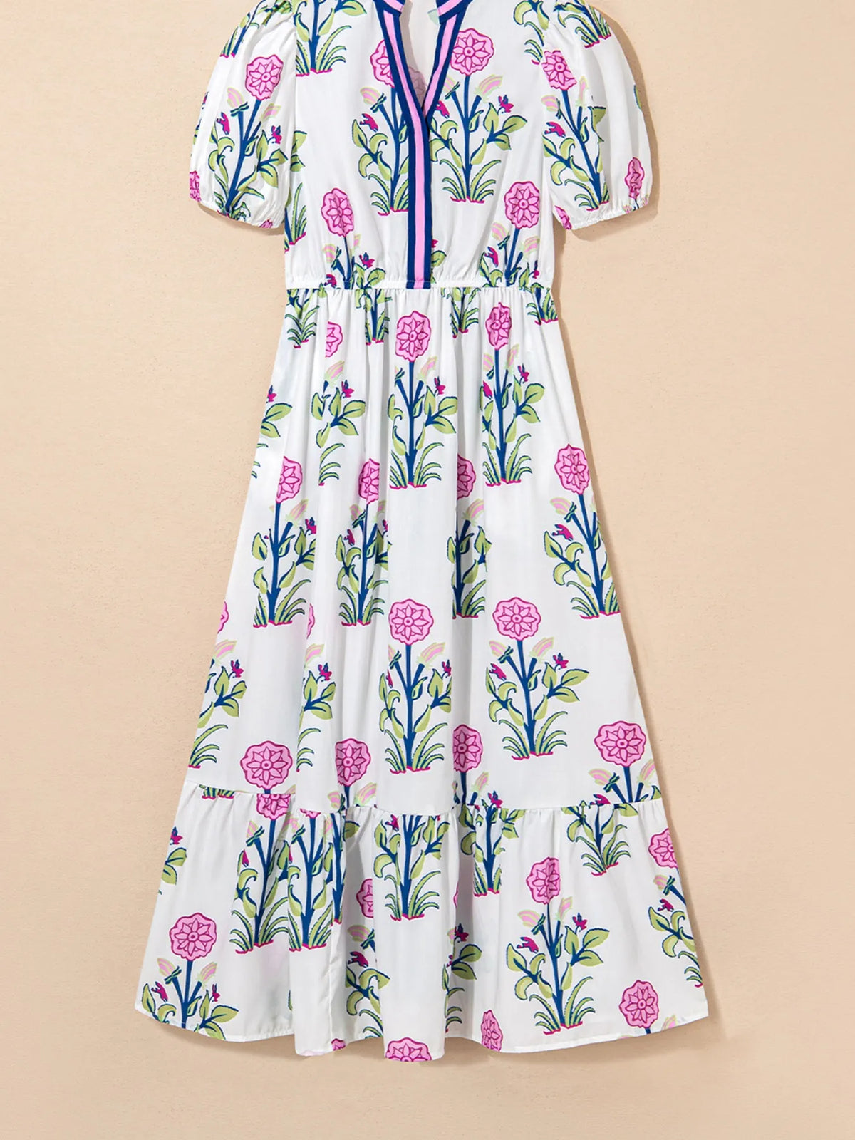 White Floral Short-Sleeve Tiered Midi Dress with Pockets