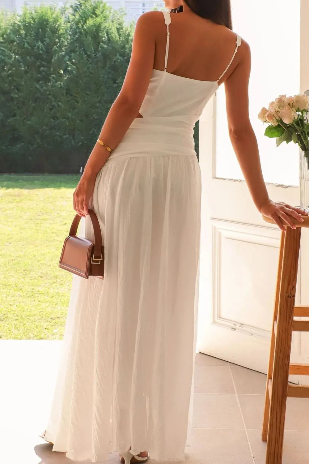 V-Neck Side-Cutout Ruched Maxi Dress