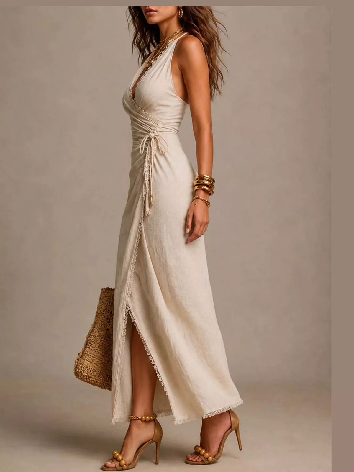 Lace-Trim Sleeveless Wrap-Look Maxi Dress