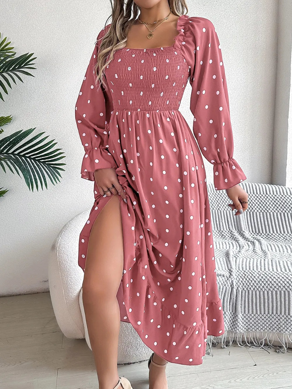 Polka-Dot Square-Neck Smocked Flounce-Sleeve Midi Dress