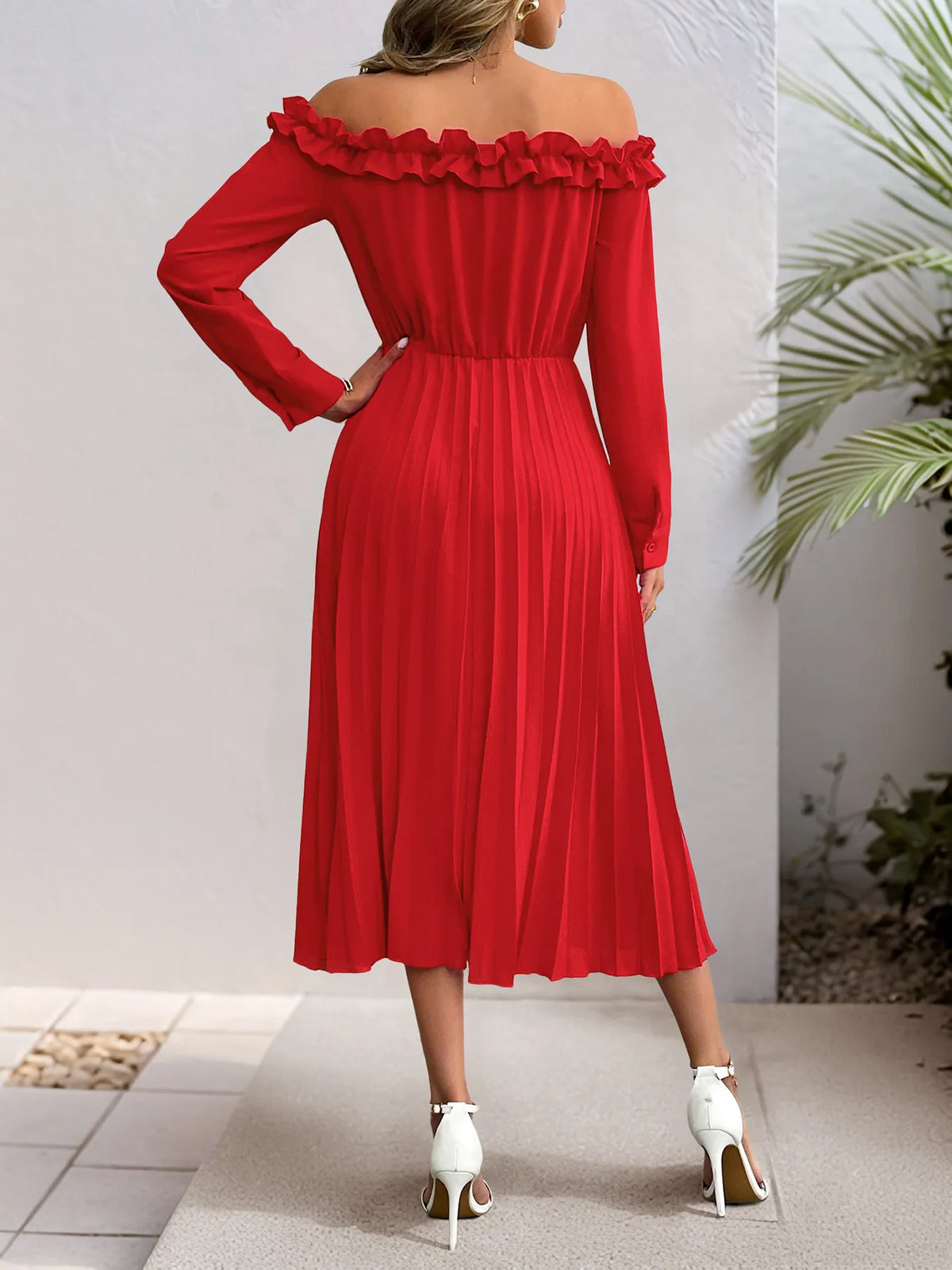 Red Off-Shoulder Ruffle Long-Sleeve Pleated Midi Dress