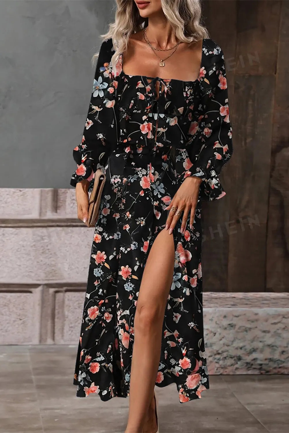 Floral Square-Neck Flounce-Sleeve Slit Midi Dress