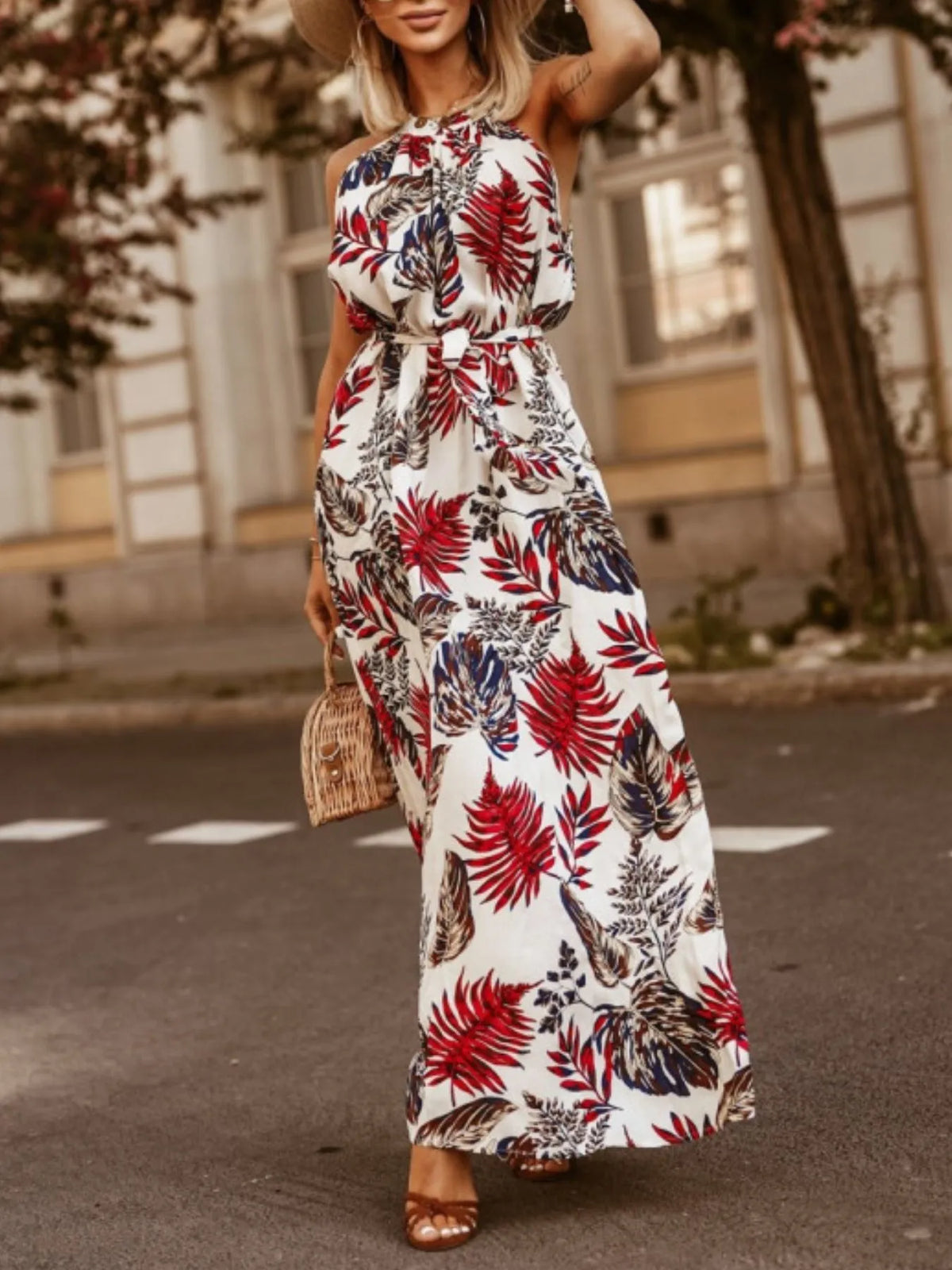 Tropical Floral Halter-Neck Tie-Waist Dress