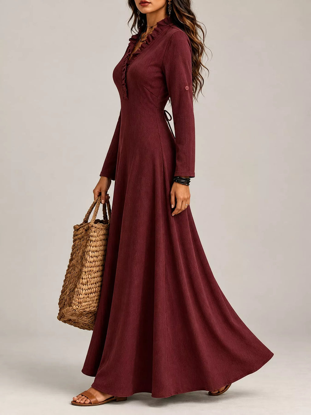 Frill V-Neck Roll-Tab Sleeve Maxi Dress, XS–3XL