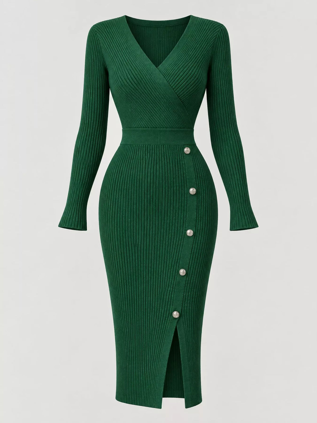 Ribbed Knit Sweater Dress with Decorative Buttons