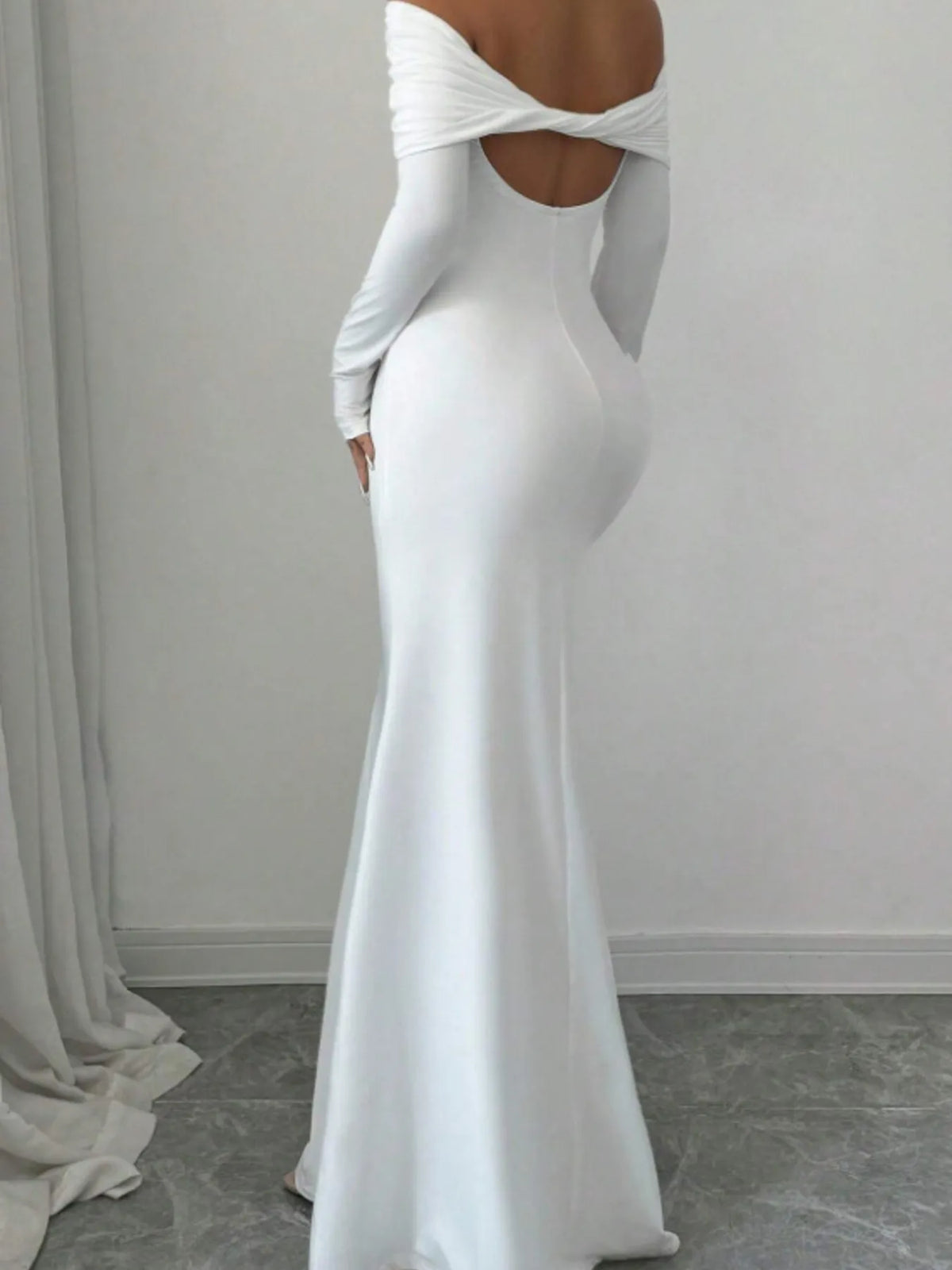 Off-Shoulder Twist-Back Long-Sleeve Bodycon Maxi Dress