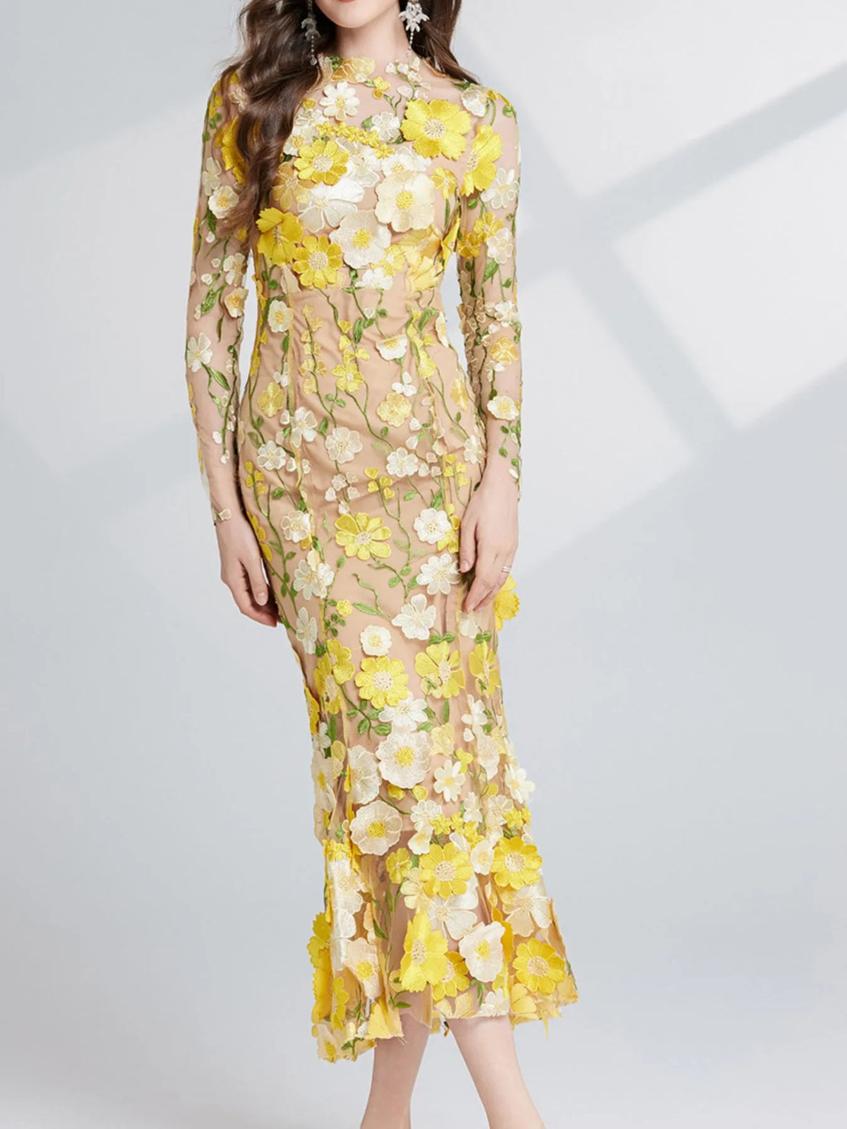 Floral-Embroidered Mesh Long-Sleeve Midi Dress