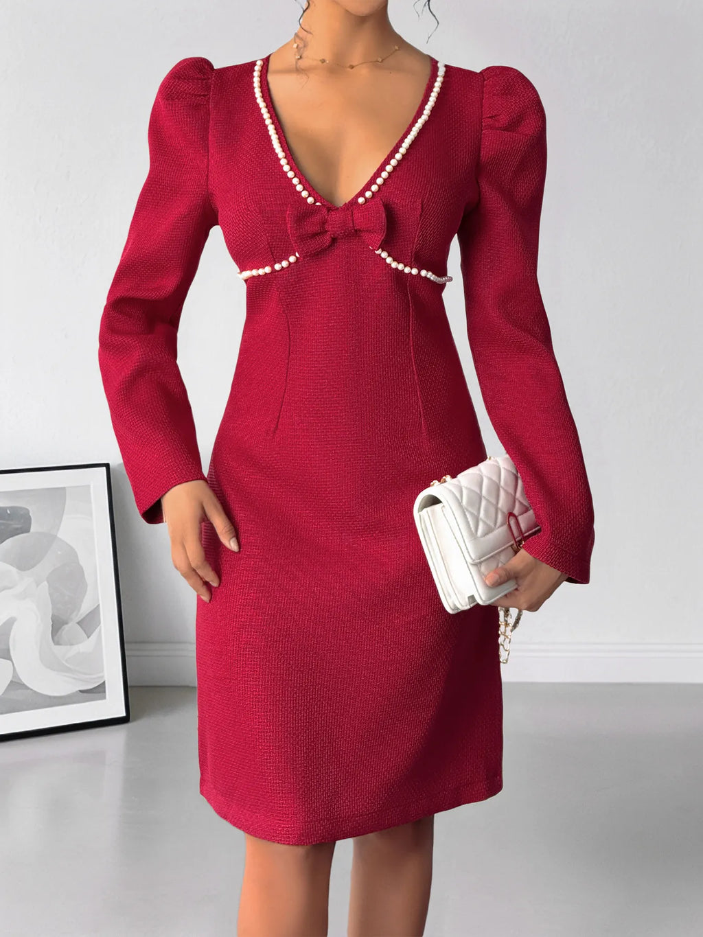 Perfee Pearl-Look Trim V-Neck Long-Sleeve Bodycon Dress