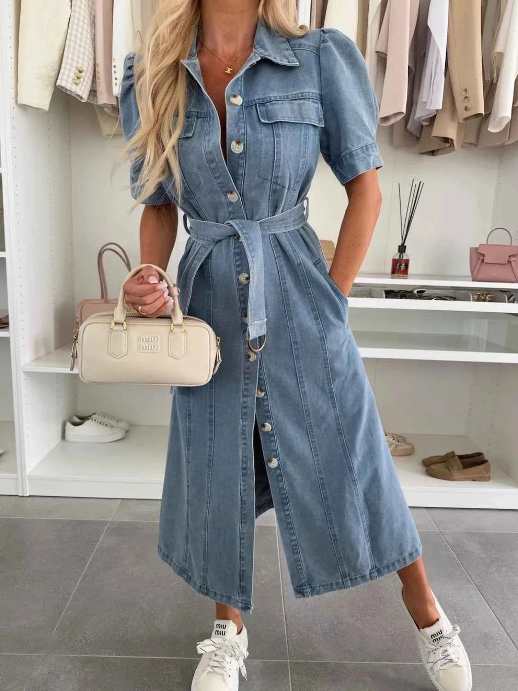 Blue Puff-Sleeve Belted Denim-Look Midi Dress