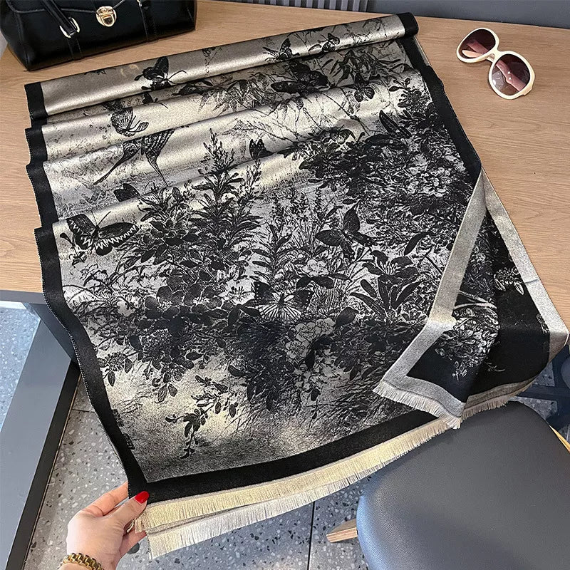 Butterfly-Print Cotton Raw-Hem Scarf