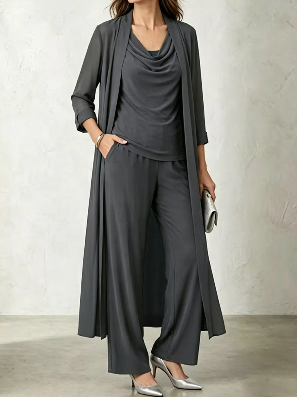 Cowl-Neck Top, Cardigan & Wide-Leg Pants Three-Piece Set