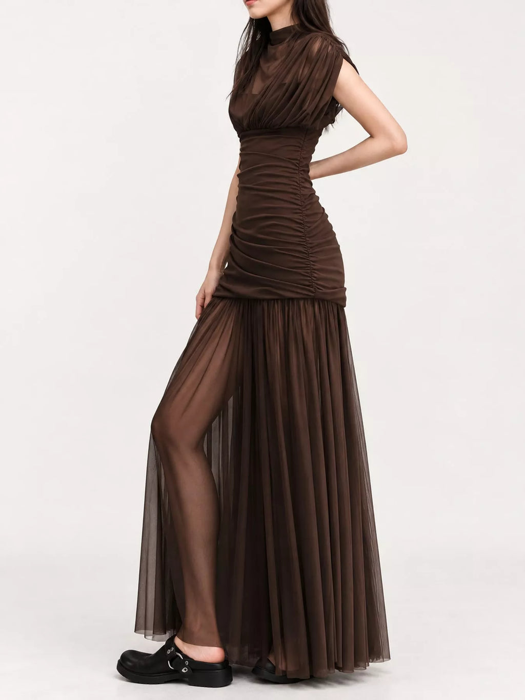 Mock-Neck Ruched Sheer Mesh Maxi Dress