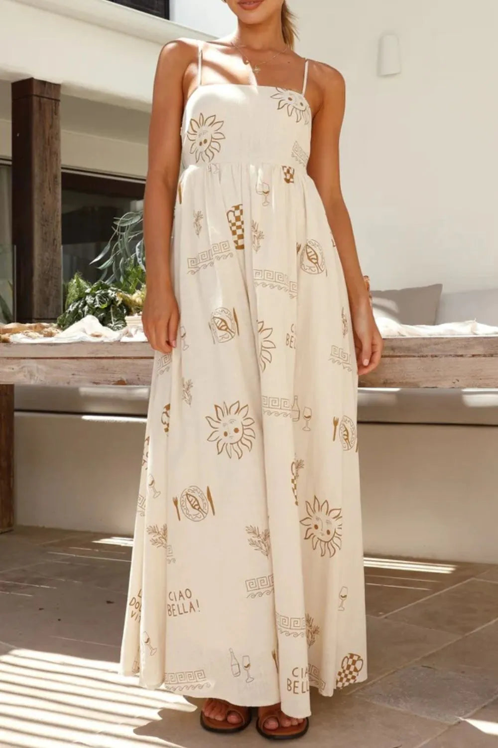 Beige Printed Square-Neck Cami Maxi Dress