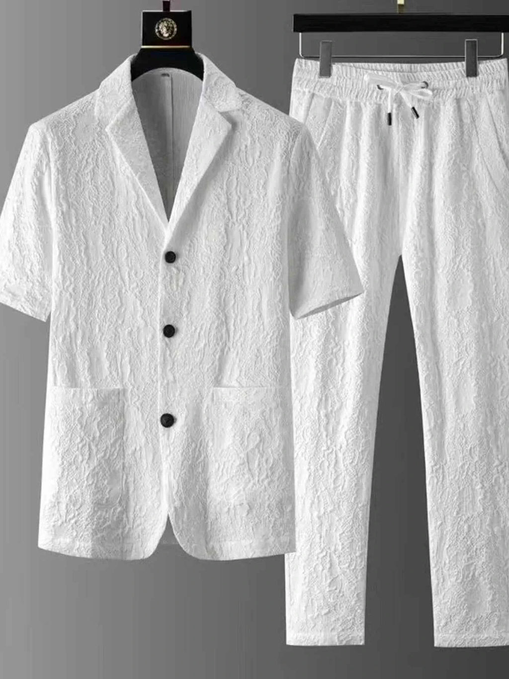 Men’s Textured Button-Up Shirt & Drawstring Pants Set