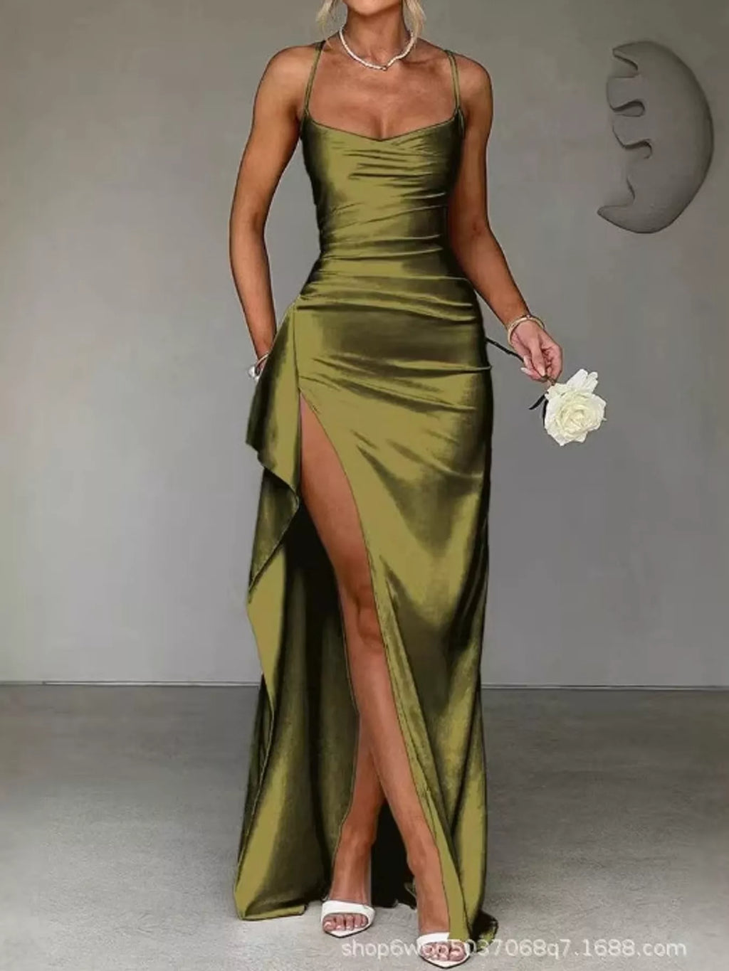 Satin Ruched High-Slit Maxi Dress