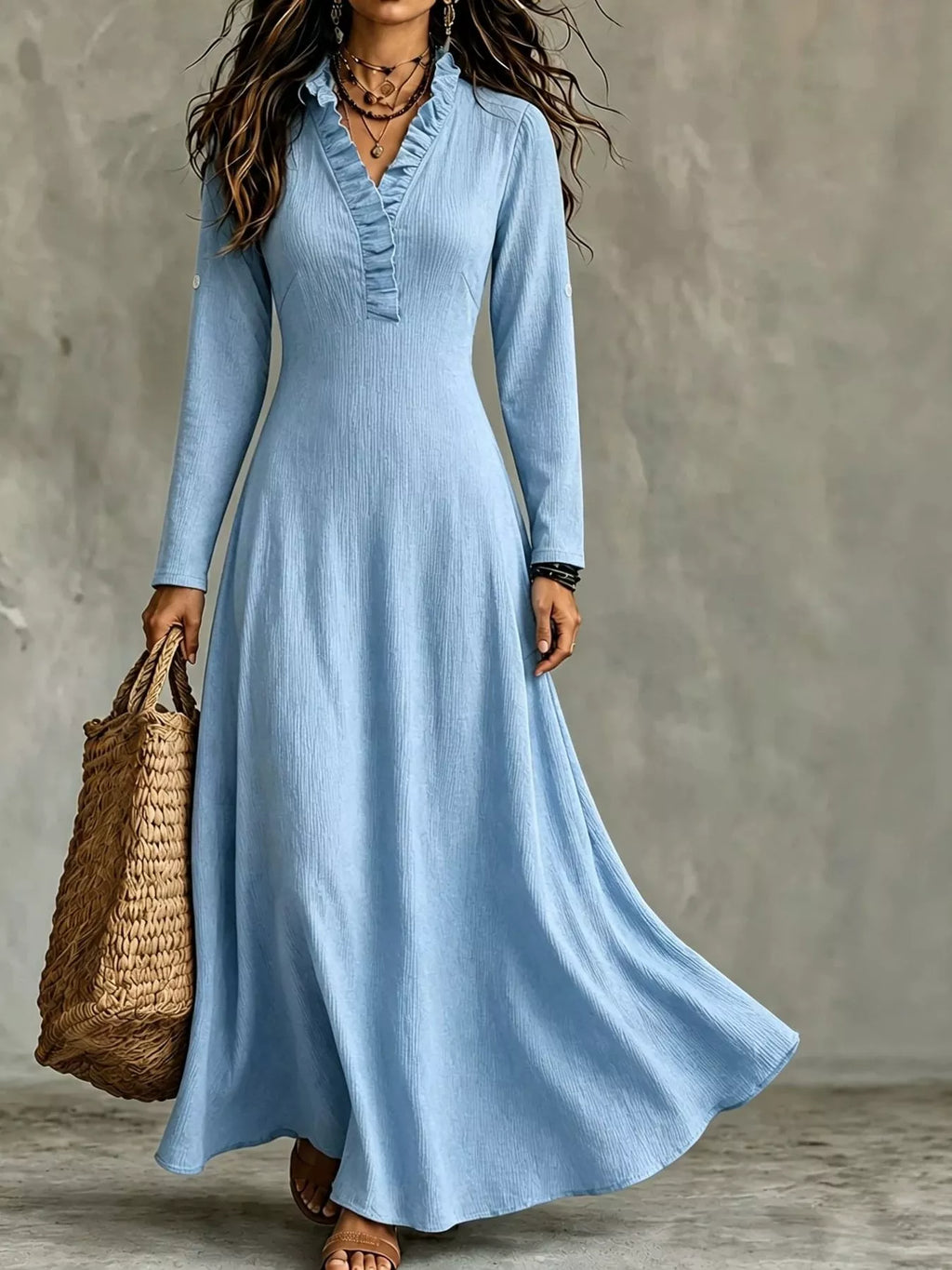 Frill V-Neck Roll-Tab Sleeve Maxi Dress, XS–3XL