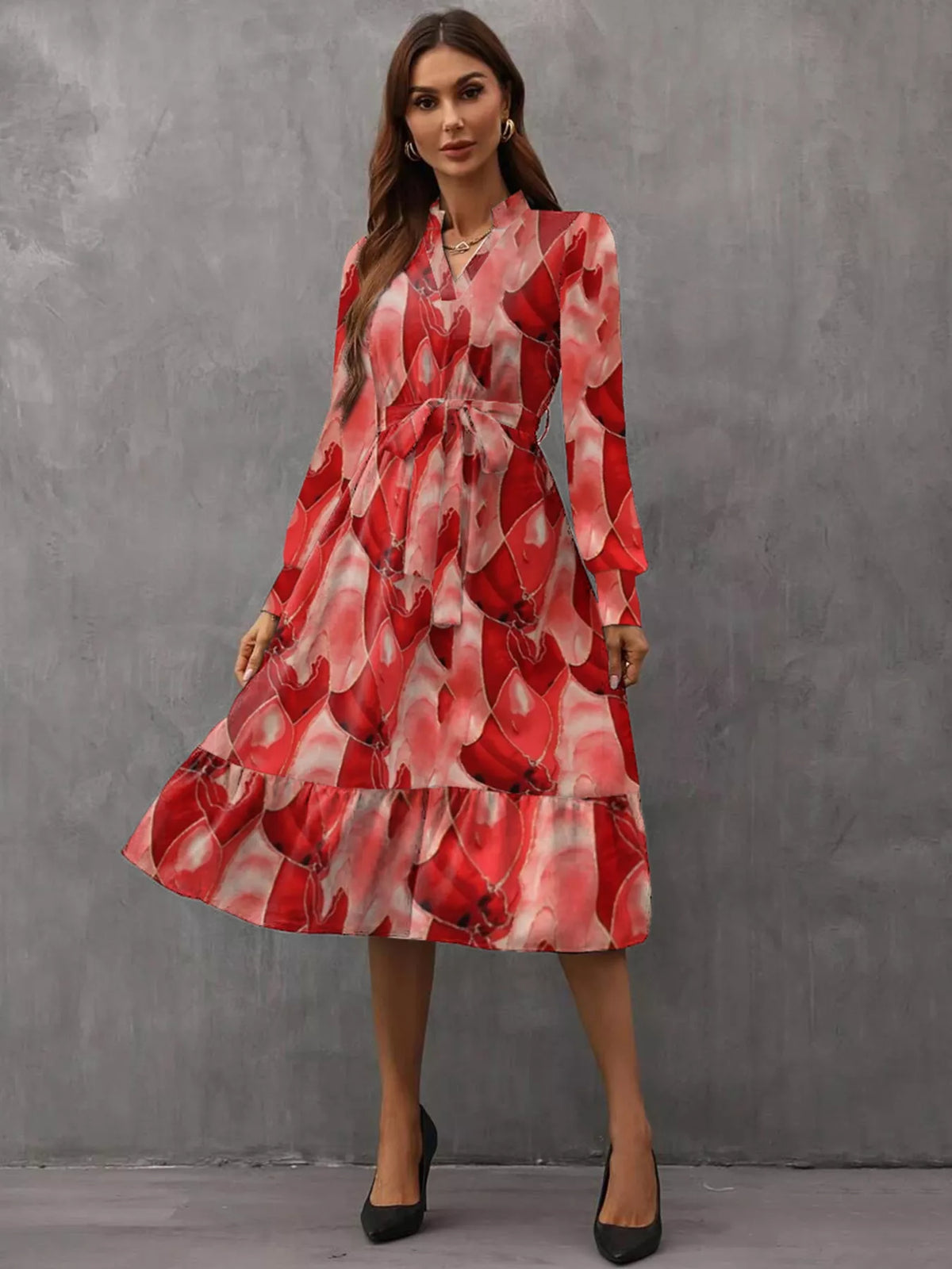Printed Notched-Neck Tie-Waist Long-Sleeve Midi Dress