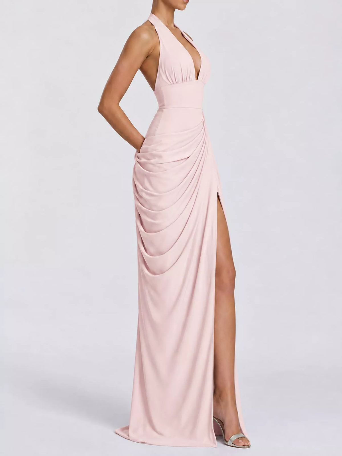Halter-Neck Ruched High-Slit Maxi Evening Dress
