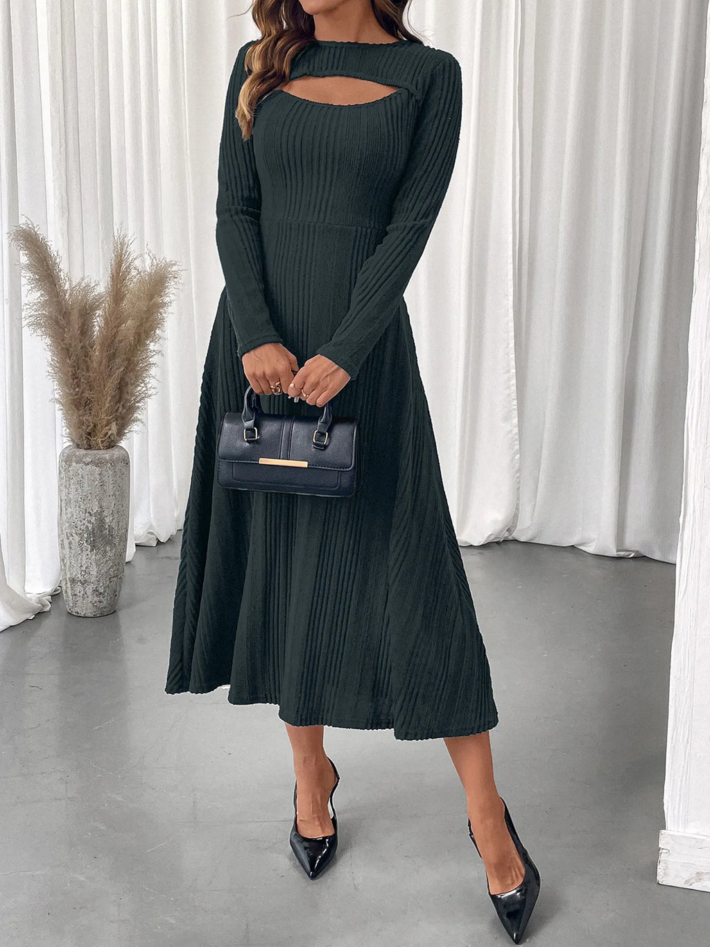 Ribbed Knit Chest-Cutout Long-Sleeve Midi Dress