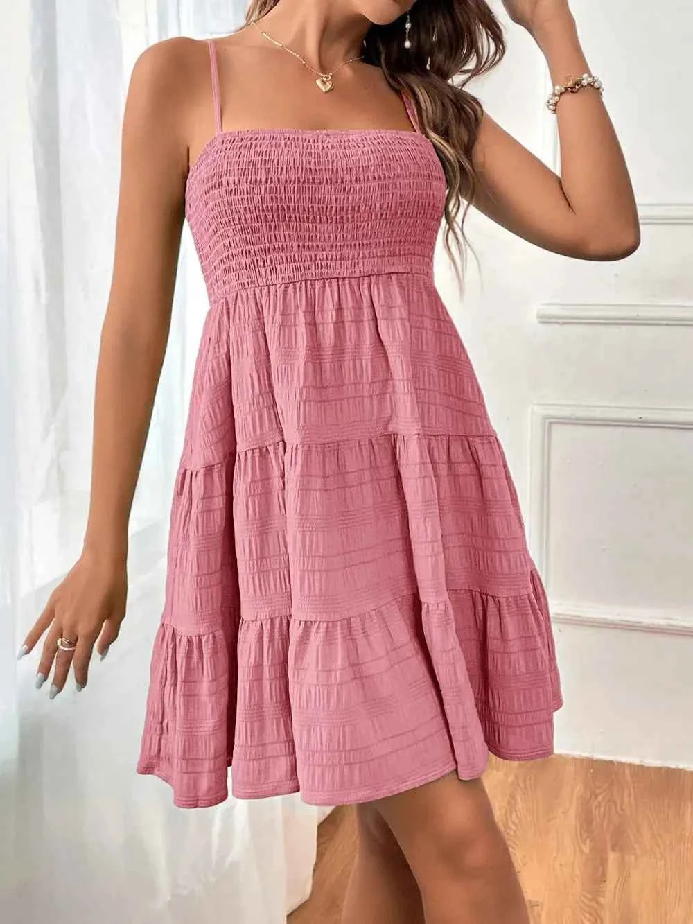 Smocked Tiered Spaghetti-Strap Mini Dress