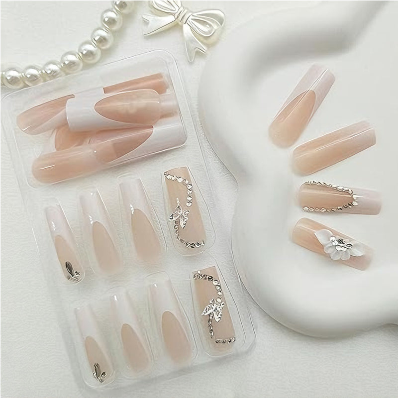 White Flower Diamond Butterfly Press-On Nails — 24 PCS Long Square, Bridal & Everyday Glam — Prime Trend Market