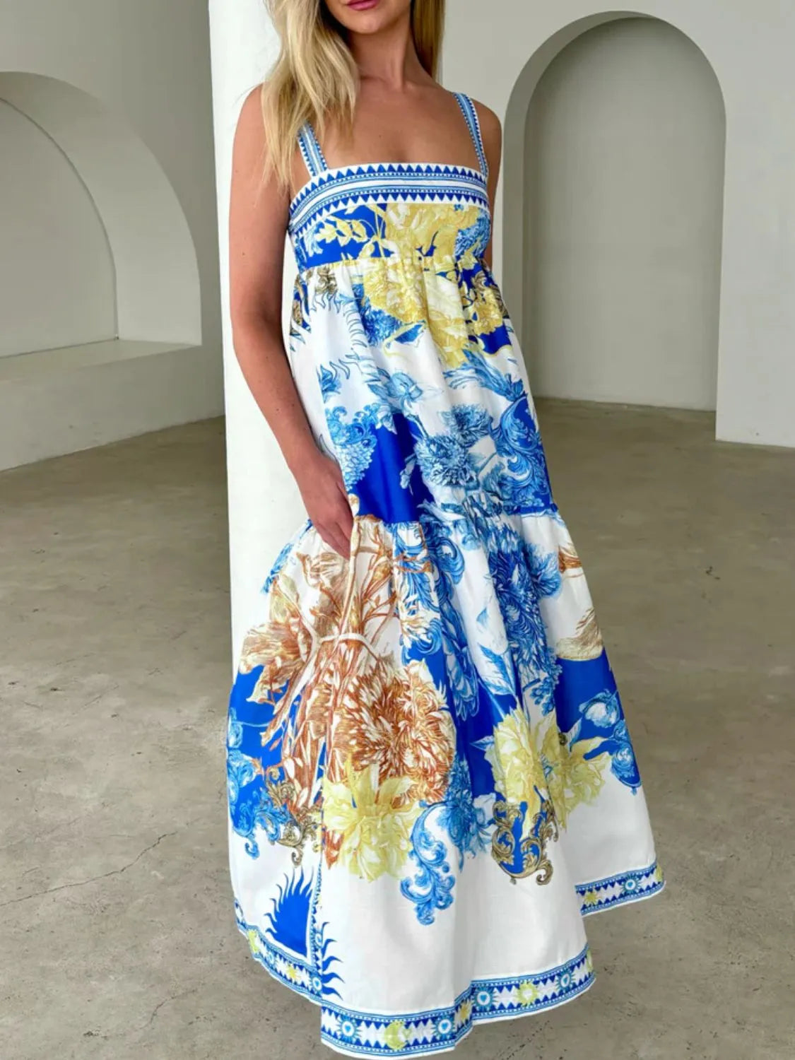 Blue Printed Sleeveless Cami Maxi Dress with Pockets