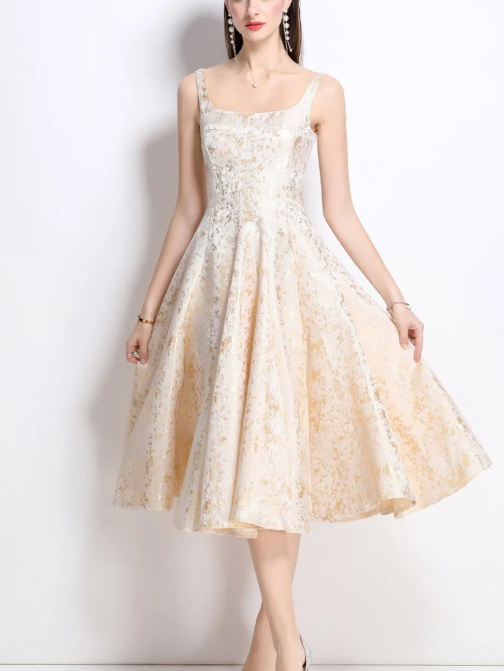 Apricot Floral Sleeveless A-Line Midi Dress