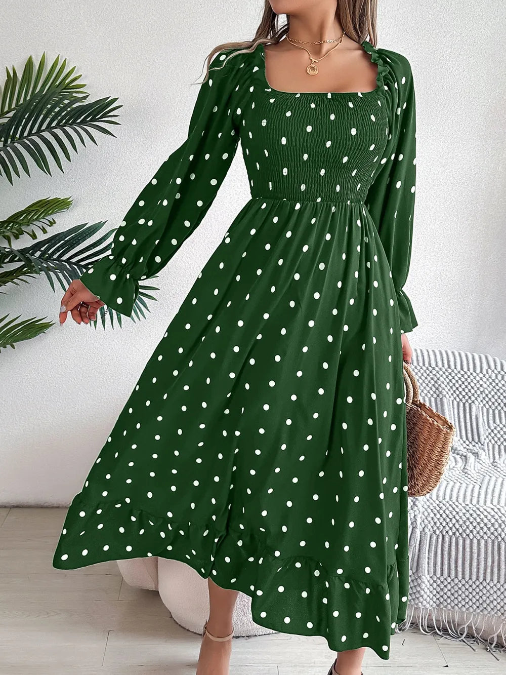 Polka-Dot Square-Neck Smocked Flounce-Sleeve Midi Dress