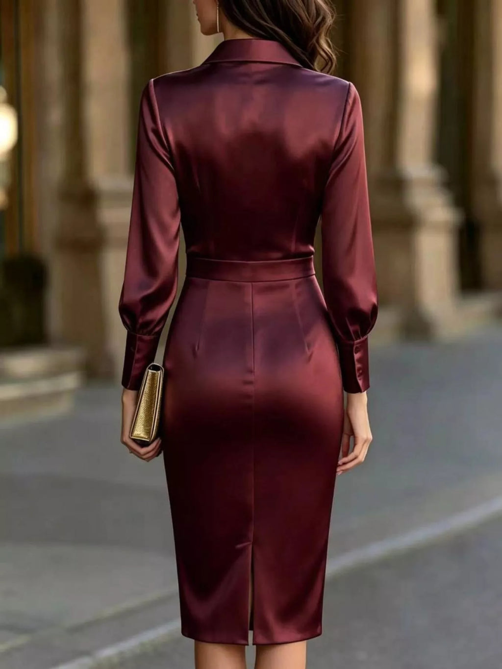 Satin Lantern-Sleeve Midi Dress