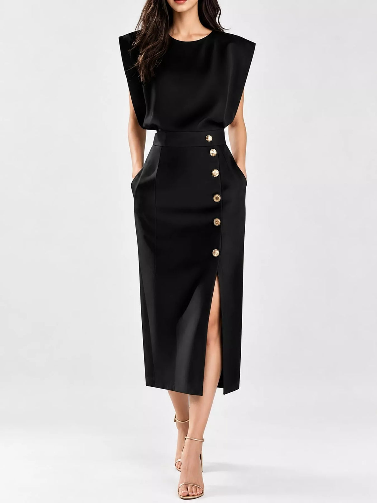 Sleeveless Gold-Tone Button-Detail Midi Dress
