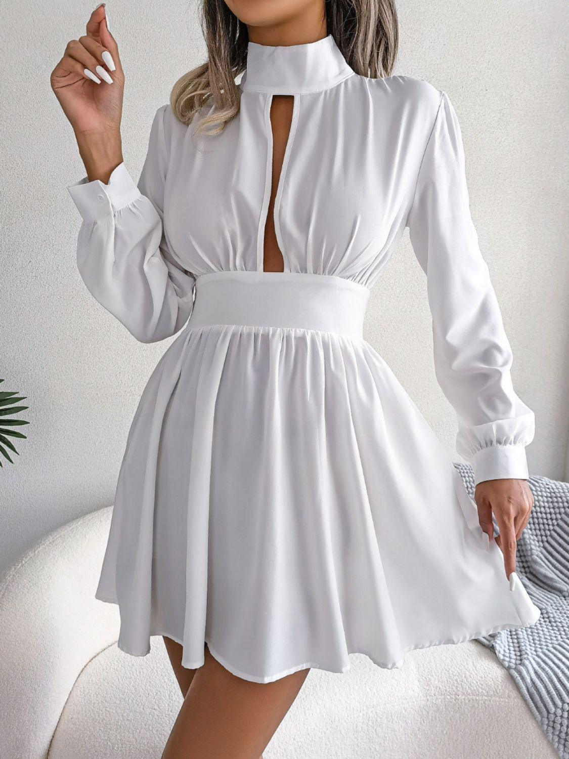 High-Neck Cutout Long-Sleeve A-Line Mini Dress