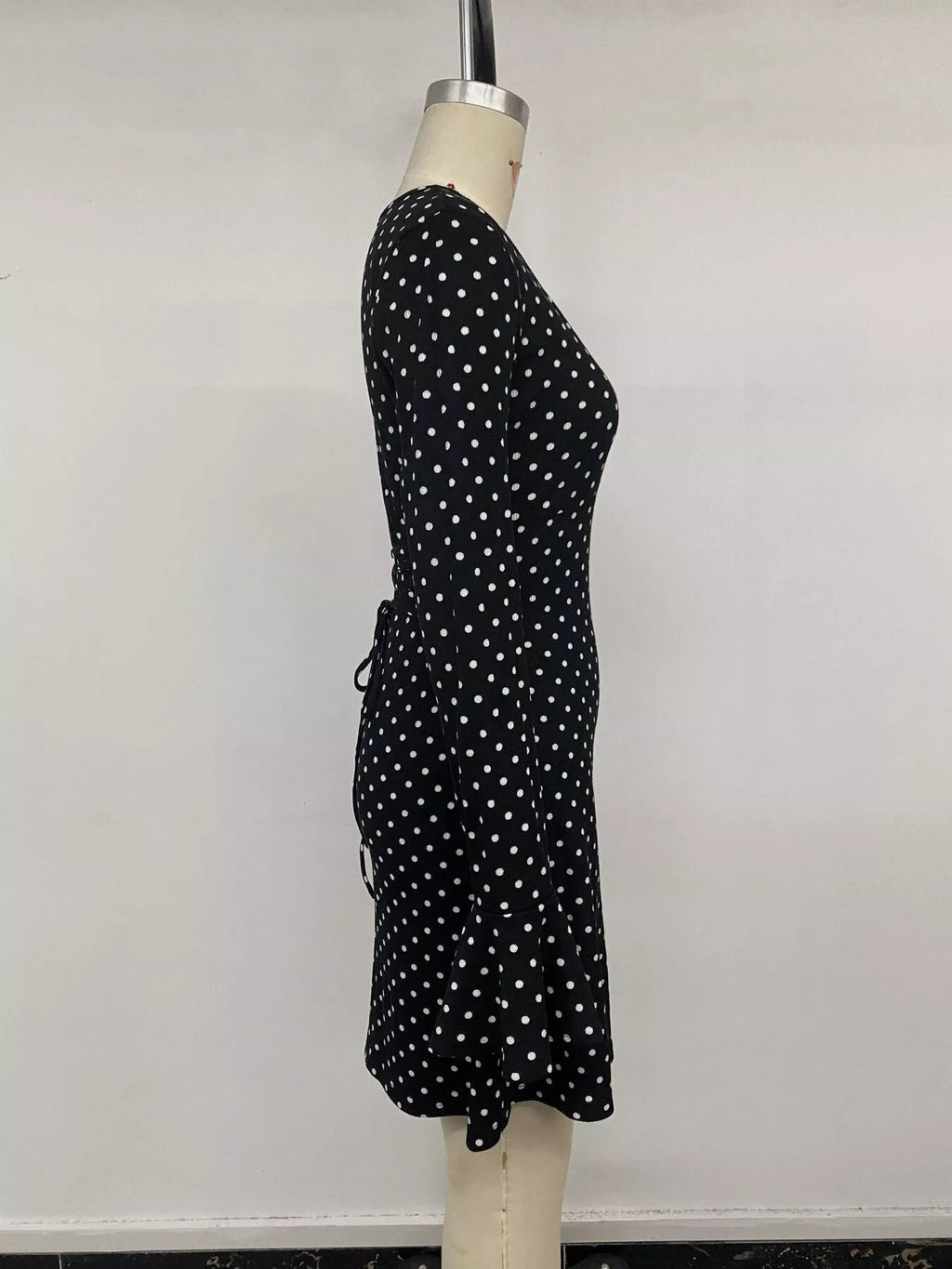 Black Polka-Dot V-Neck Tie-Back Mini Dress