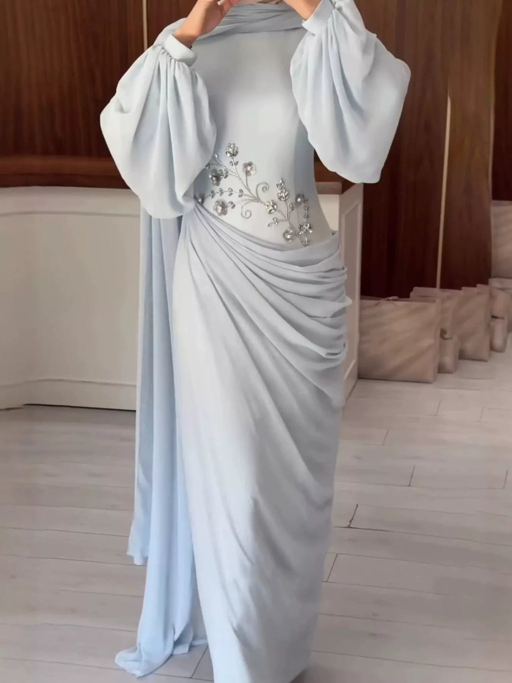 Floral-Embellished Long-Sleeve Ruched Evening Maxi Dress | S–3XL