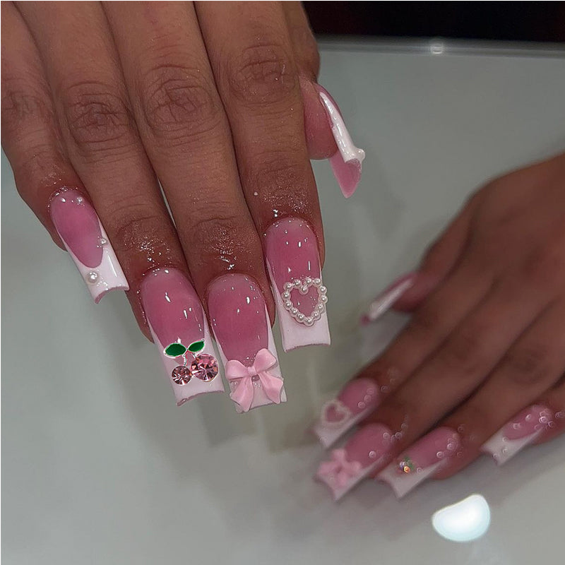Cherry Bow Press-On Nails – 24 PCS Long Square Head Shape | Summer Y2K Fruit Design — Prime Trend Market