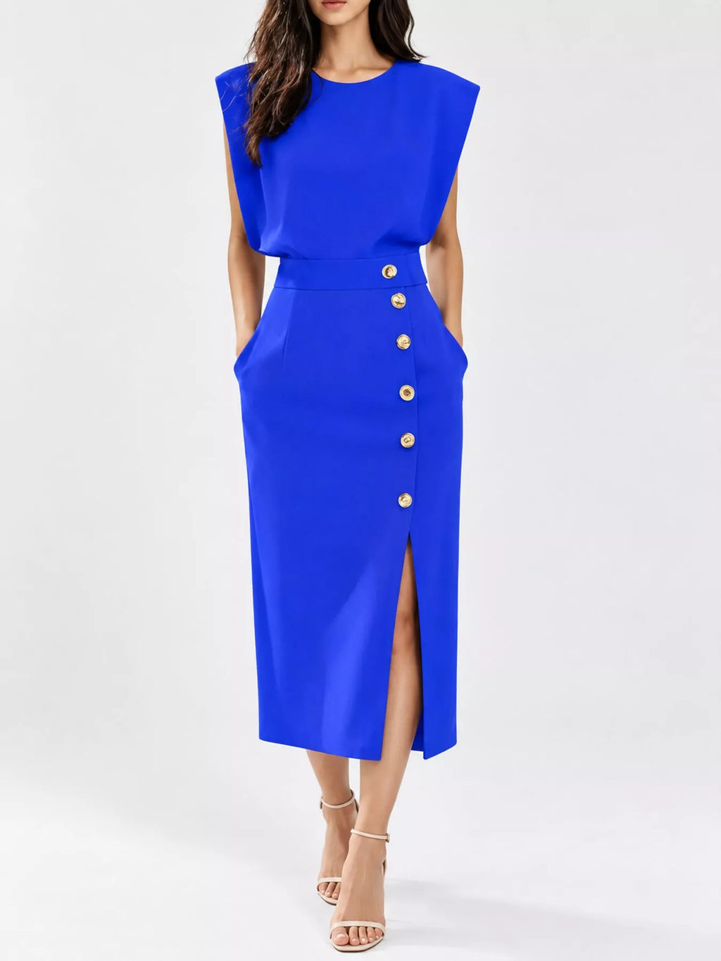 Sleeveless Gold-Tone Button-Detail Midi Dress