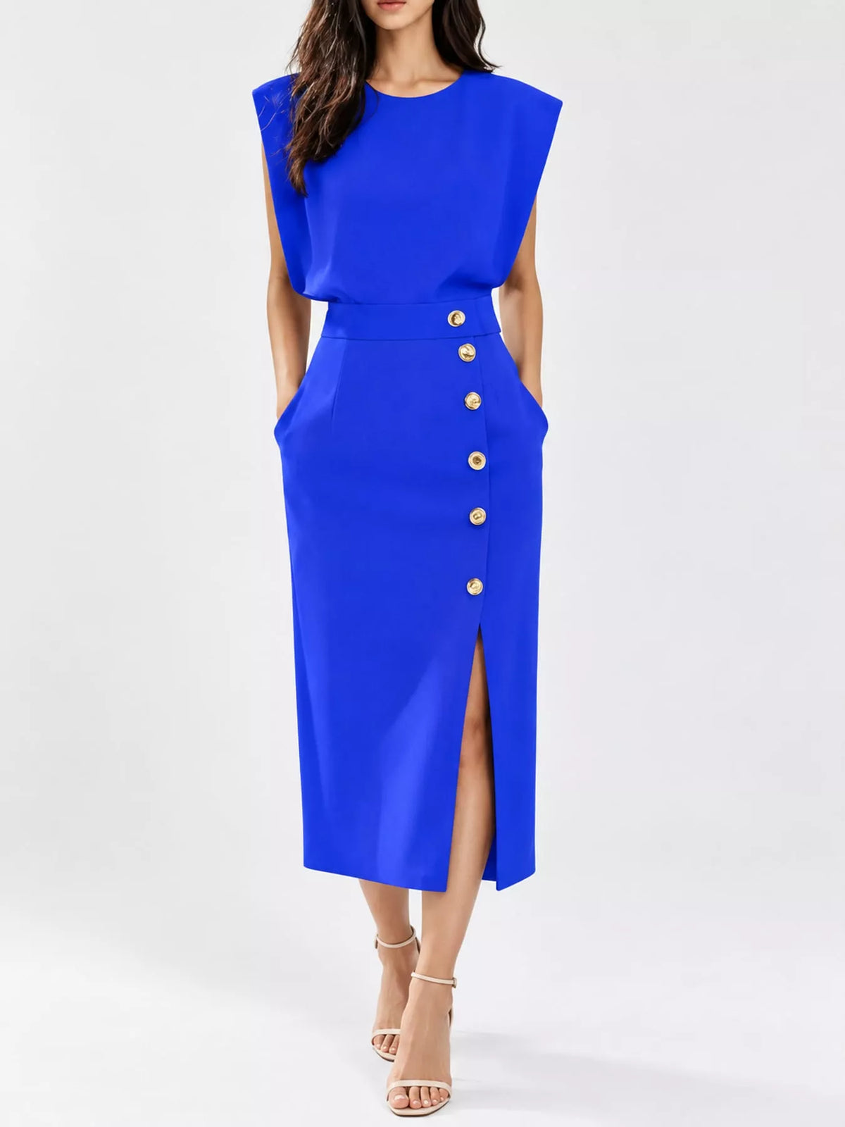 Sleeveless Gold-Tone Button-Detail Midi Dress