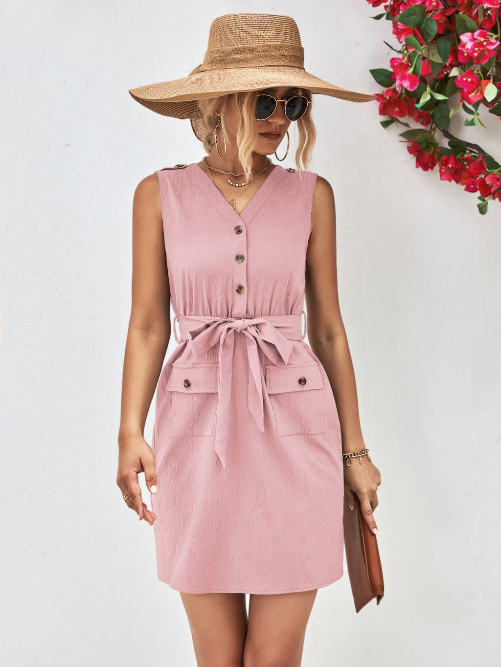 V-Neck Button-Detail Tie-Waist Sleeveless Mini Dress