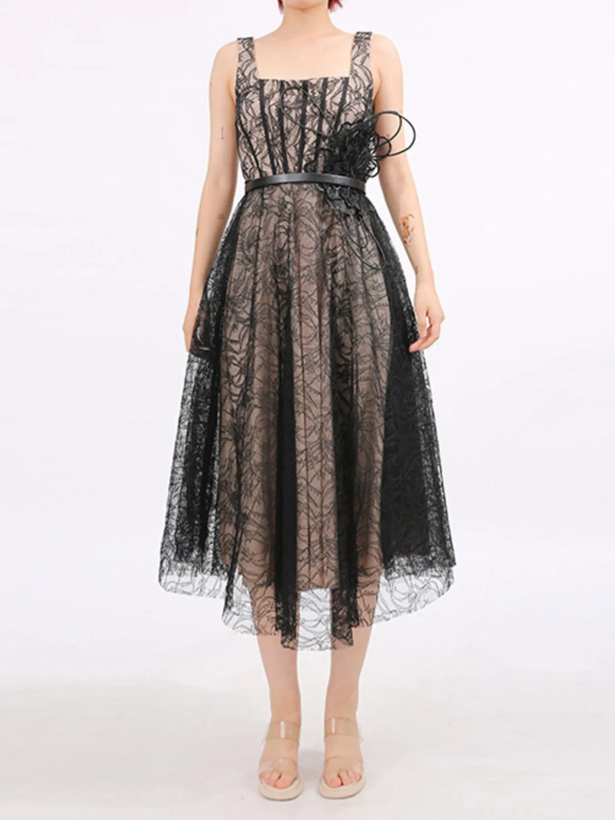 Lace Square-Neck Midi Dress
