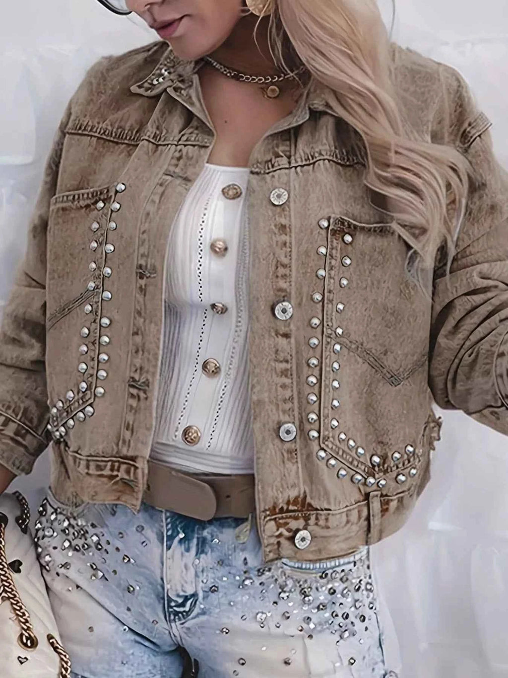 Studded Button-Up Washed Denim Jacket