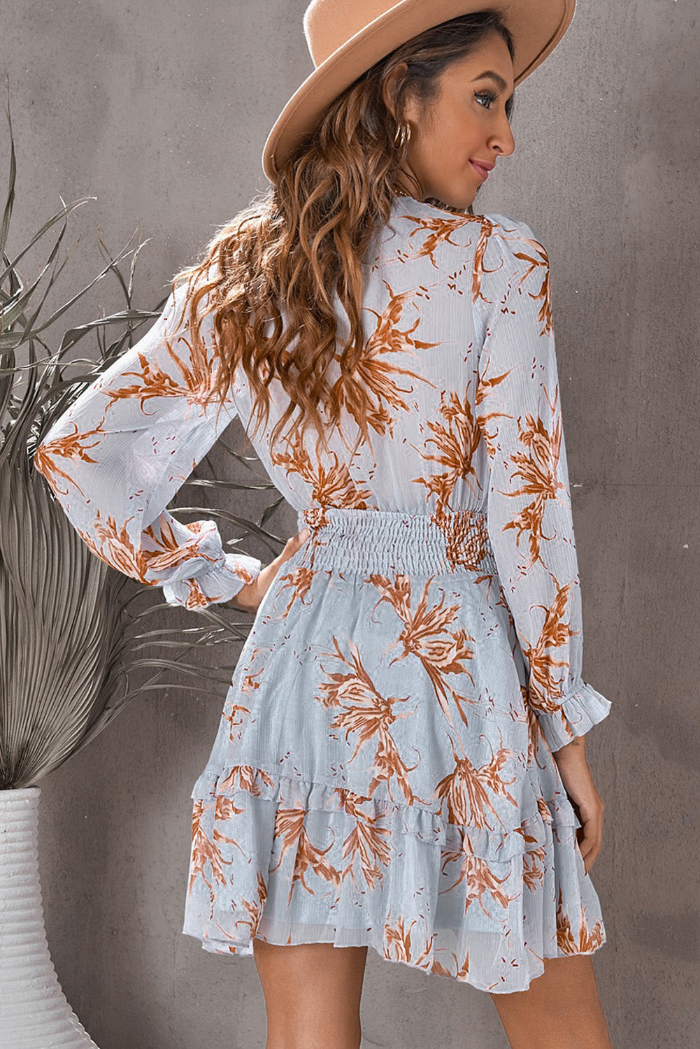 Floral Plunge-Neck Tie-Front Ruffle-Hem Mini Dress