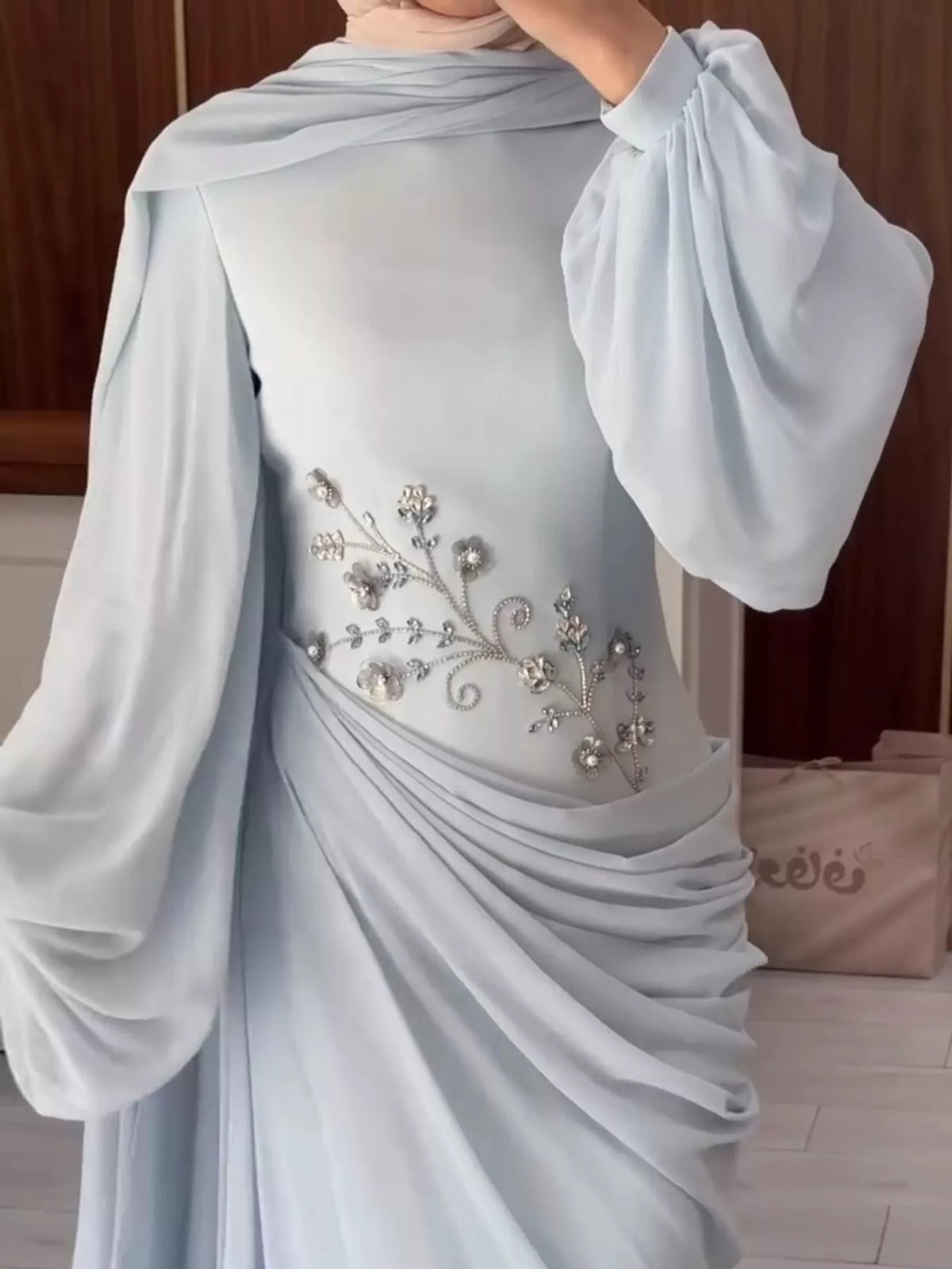 Floral-Embellished Long-Sleeve Ruched Evening Maxi Dress | S–3XL