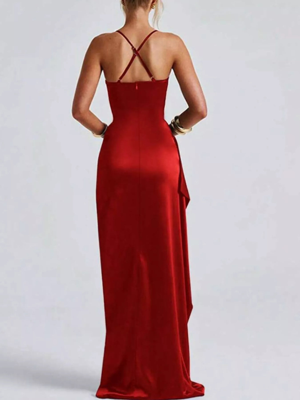 Satin Ruched High-Slit Maxi Dress