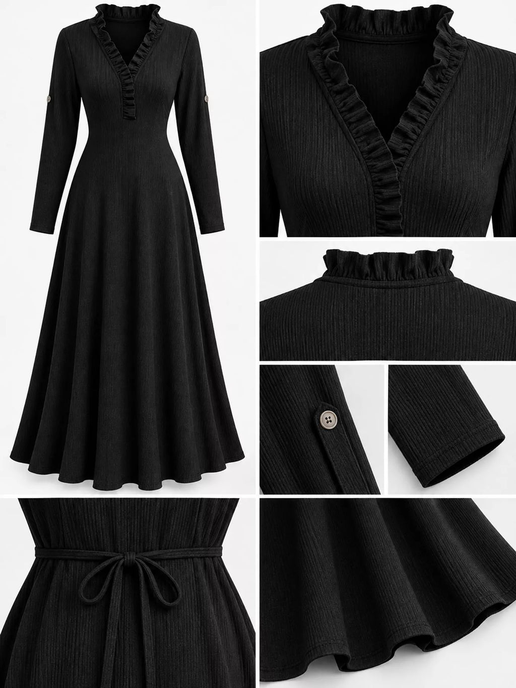 Frill V-Neck Roll-Tab Sleeve Maxi Dress, XS–3XL