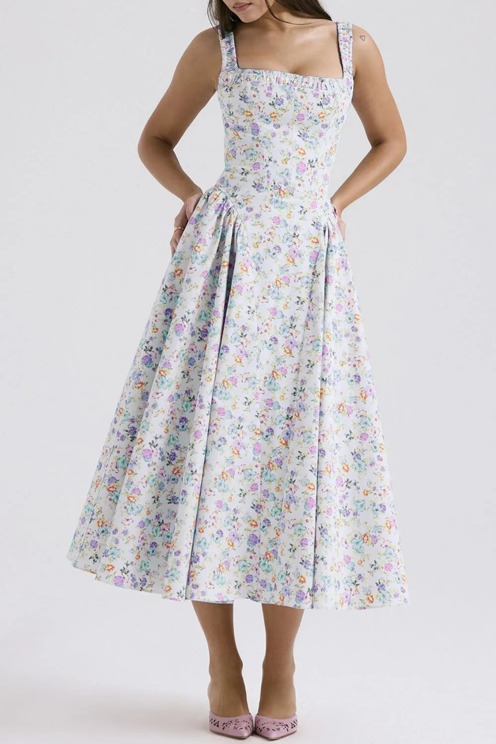 Floral Square-Neck Wide-Strap Midi Dress