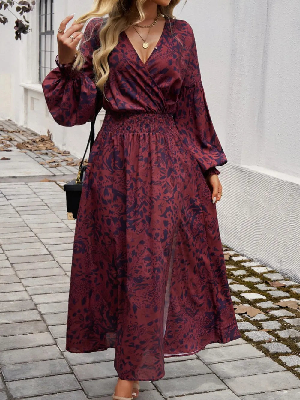 Devine Scarlet Floral Surplice Long-Sleeve Slit Dress