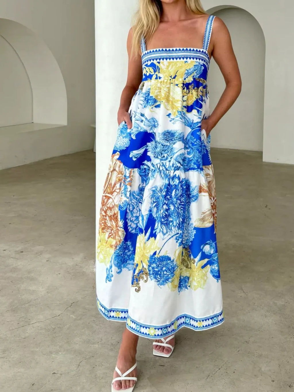 Blue Printed Sleeveless Cami Maxi Dress with Pockets