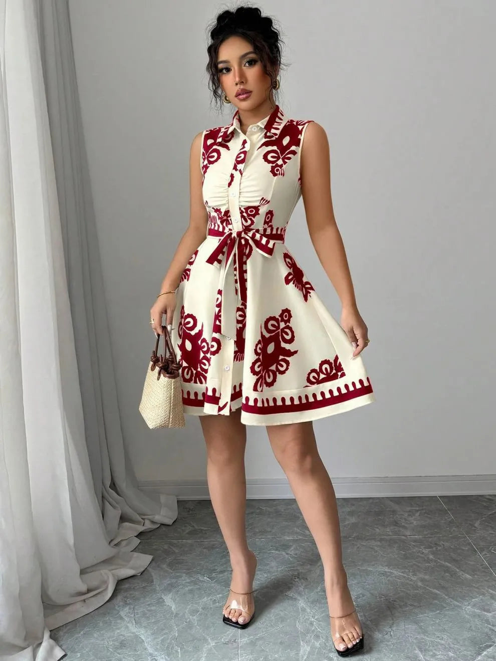 Printed Sleeveless Button-Front Dress